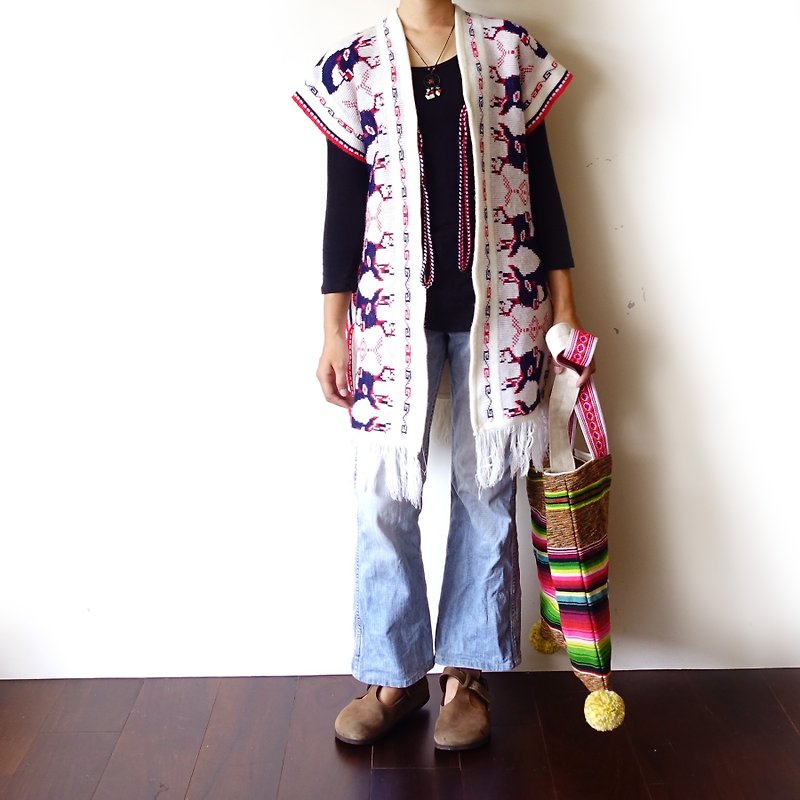 BajuTua / vintage / elk totem Khao Tak open sleeveless cloak - เสื้อกั๊กผู้หญิง - เส้นใยสังเคราะห์ ขาว