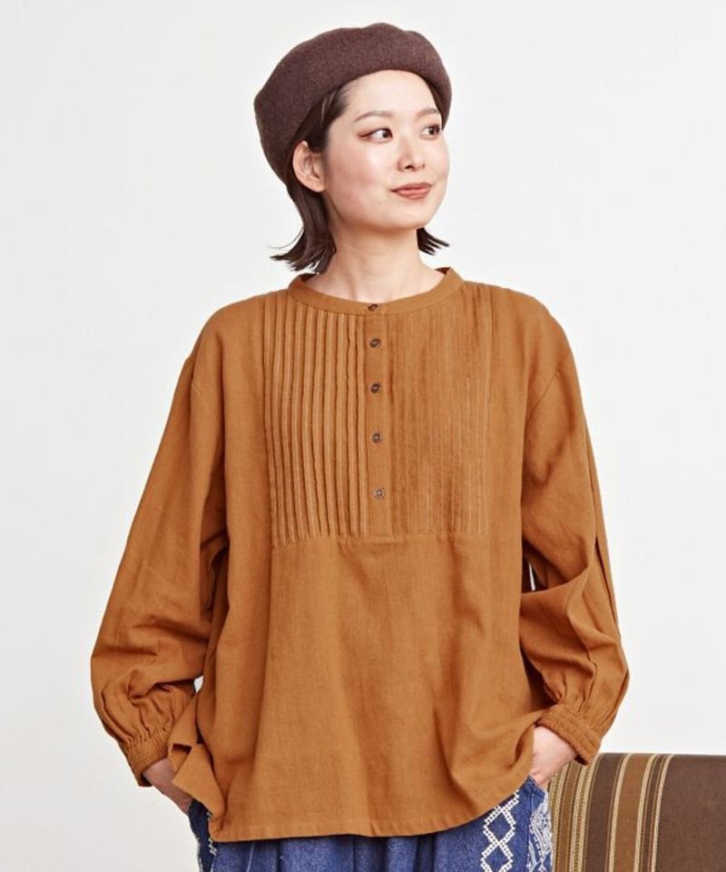 [Popular pre-order] Collarless low-key embroidered pleated shirt with small puff sleeves (3 colors) IAC-4316 - Women's Shirts - Other Materials 