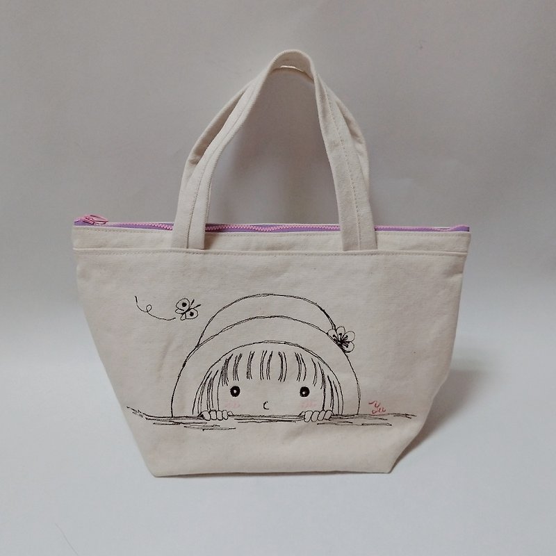 Copy handmade embroidery illustration handbag ─ girl - Handbags & Totes - Cotton & Hemp White