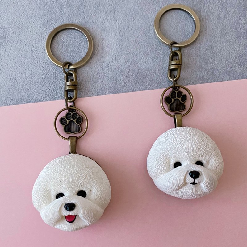 Q version Bichon Frise key ring / dog key ring [Free printing in both Chinese and English] - Keychains - Resin White