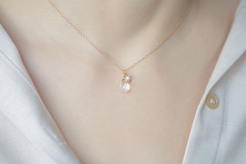 White Crystal Pearl Necklace│14KGF Crystal Necklace Natural Pearl - สร้อยคอ - คริสตัล ขาว