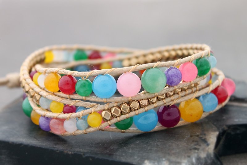 Candy Rainbow Bracelets Ivory Gold Faceted Rhythm Wrap Bracelet - สร้อยข้อมือ - หิน หลากหลายสี