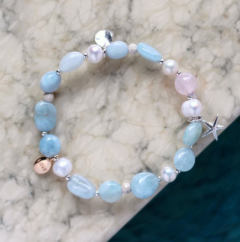 Sea love. Pink crystal natural aquamarine natural pearl 925 sterling silver bracelet 24K gold pure copper - Bracelets - Gemstone Blue