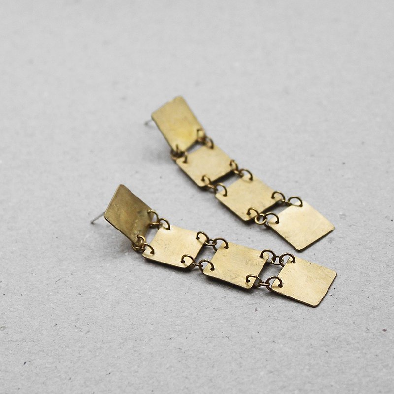 Square Brass Chain Dangle Brass Earrings - Sterling Silver Posts / Clip-Ons - ต่างหู - โลหะ สีทอง