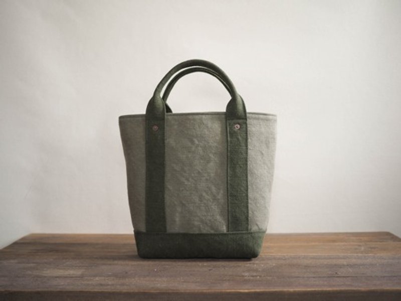 Made-to-order [MILITARY TWILL] Tote with lid Tate Naga Moss Green x Khaki Drab - Handbags & Totes - Cotton & Hemp Green