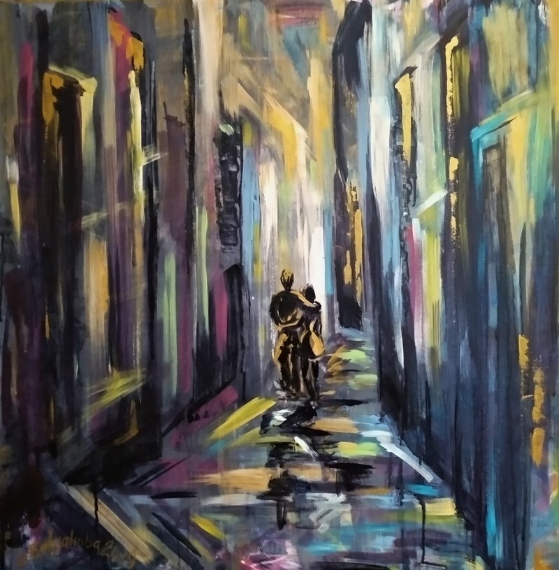 Couple in the Night City Abstract Urban Fantasy Contemporary Original Painting - Wall Décor - Other Materials Purple