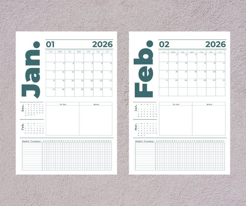 Transformative teal Clarity 2026 – Simple Digital Calendar for Modern Walls - 電子手帳及素材 - 其他材質 
