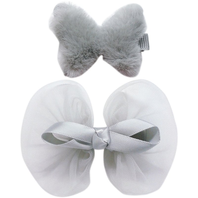 Fluffy butterfly and chiffon bow hairpin two into the group all-inclusive cloth handmade hair accessories Gray - เครื่องประดับผม - เส้นใยสังเคราะห์ สีเทา