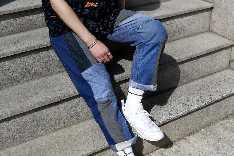 Vintage remade Denim patchwork easy pants  - กางเกงขายาว - ผ้าฝ้าย/ผ้าลินิน สีน้ำเงิน
