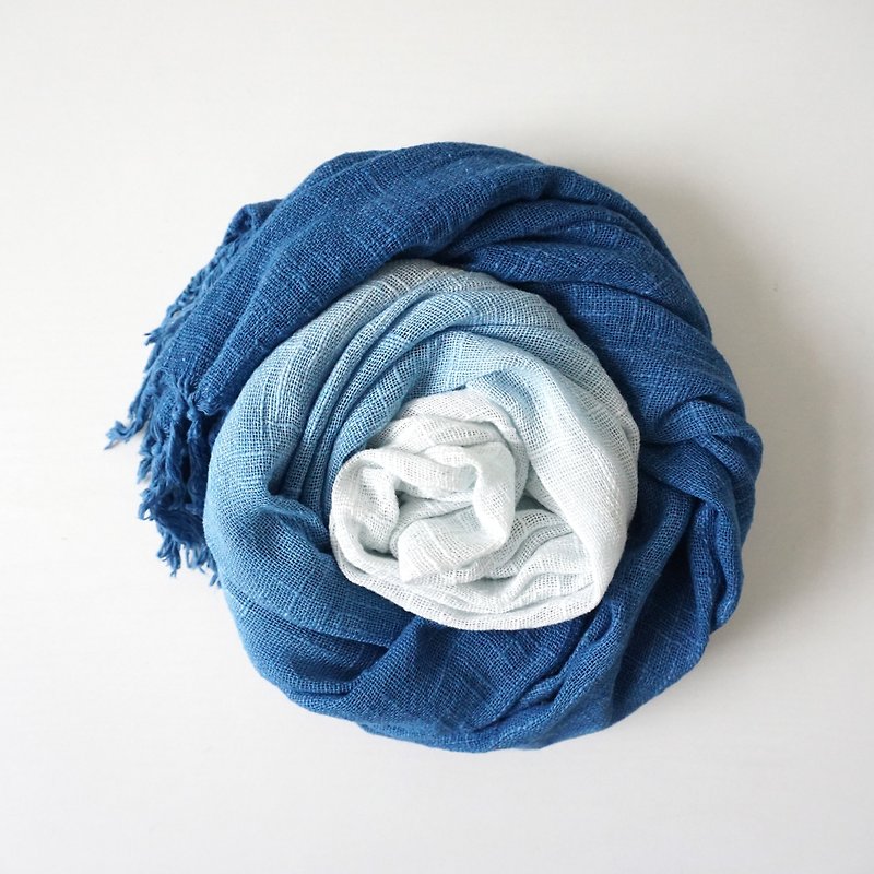 S.A x Ocean/ Ink Painting, Indigo dyed Handmade Pure Cotton Scarf - Knit Scarves & Wraps - Cotton & Hemp Blue