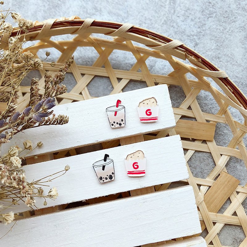 Pista Qiu hand-painted earrings/Taiwan style-precious milk + chicken steak - Earrings & Clip-ons - Resin Red