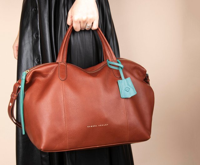 GIFT IDEA Full Grain Cowhide Leather Natalie Tote Bag Brandy