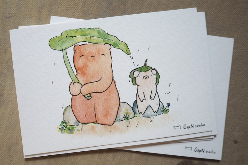 Bears Pig year 2019 postcard Rainy Day - Cards & Postcards - Paper Green