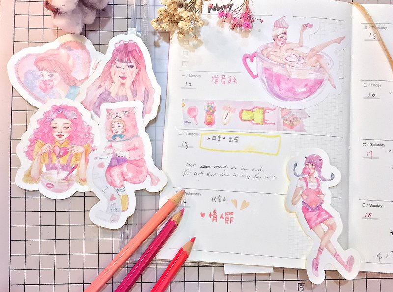 心型女孩 手繪風手帳貼紙-六入組 - 貼紙 - 紙 粉紅色