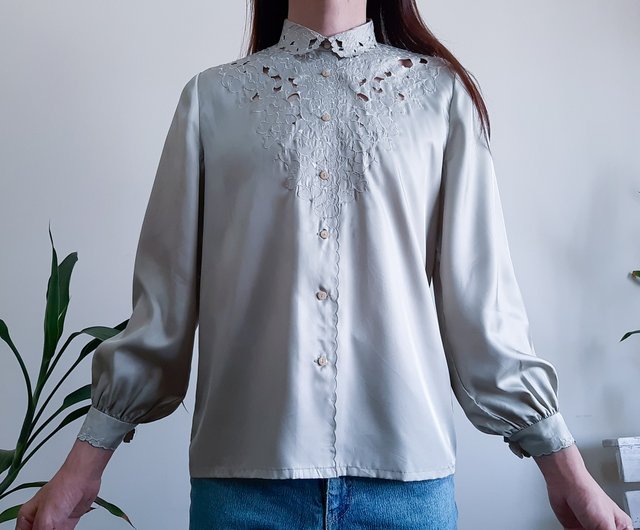 ヴィンテージ 70 年代 80 年代 刺繍 ブラウス グリーン グレー