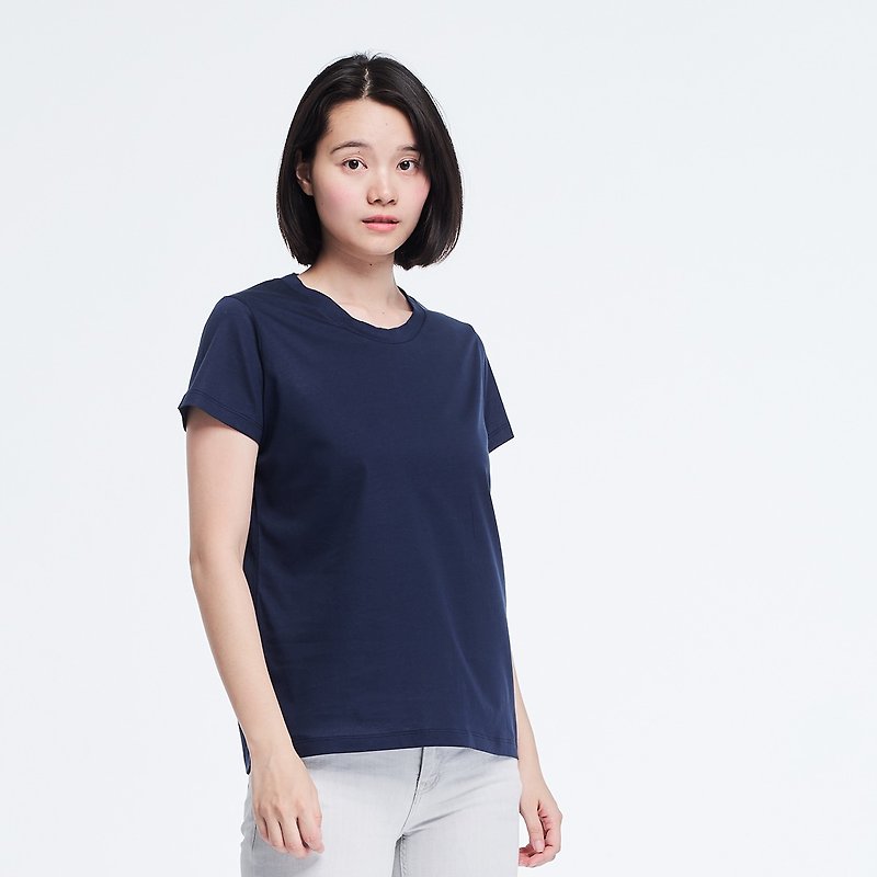 Mercerized Cotton Fabric Short Sleeves crew neck T-shirt Top Navy - เสื้อยืดผู้หญิง - ผ้าฝ้าย/ผ้าลินิน สีน้ำเงิน
