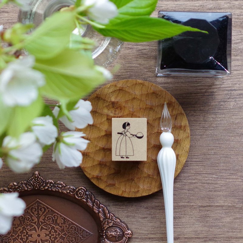 湯匙與波波頭女孩 可愛印章 - 印章/印台 - 木頭 咖啡色