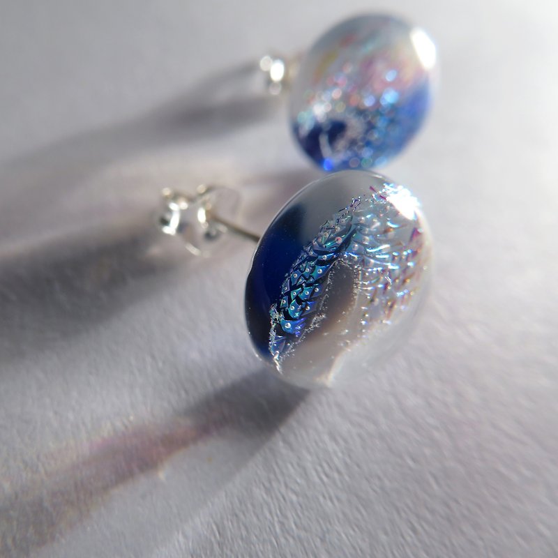 แก้ว ต่างหู สีน้ำเงิน - Jewelry glass sterling silver earrings/blue and white