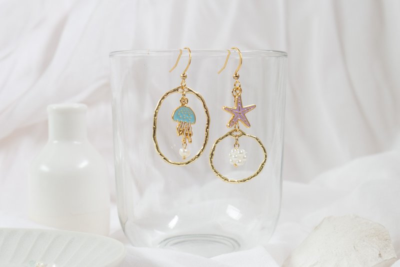 Jellyfish, Starfish, Basking Shark, Ghost Manta Ray, Marine Asymmetric Design Earrings, Limited Edition - Earrings & Clip-ons - Enamel Multicolor