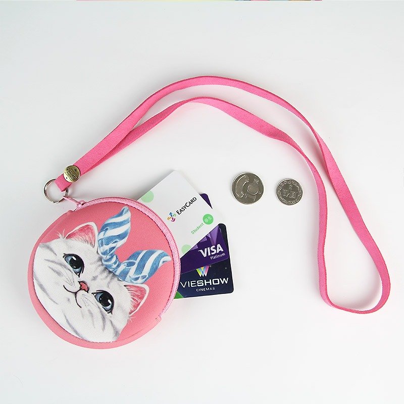 i money pink neck strap coin purse hand-painted style-H3. blue ribbon cat - กระเป๋าใส่เหรียญ - วัสดุกันนำ้ สึชมพู