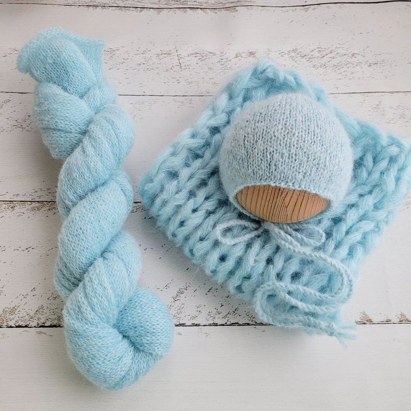 Light Blue soft newborn Bonnet, Wrap,Blanket. Newborn photo props - 嬰兒手鍊/飾品 - 羊毛 藍色