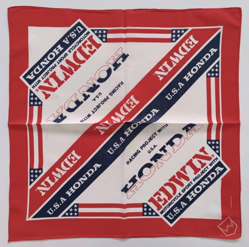 80s Vintage EDWIN x USA HONDA Bandana, 19 x 18 inches, Cotton, Gift - 手帕 - 棉．麻 紅色