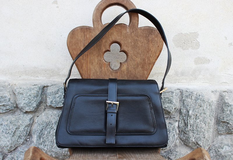 B170 (Vintage Leather Bag) (Made in Italy) Black shoulder bag side backpack antique bag - Messenger Bags & Sling Bags - Genuine Leather Black