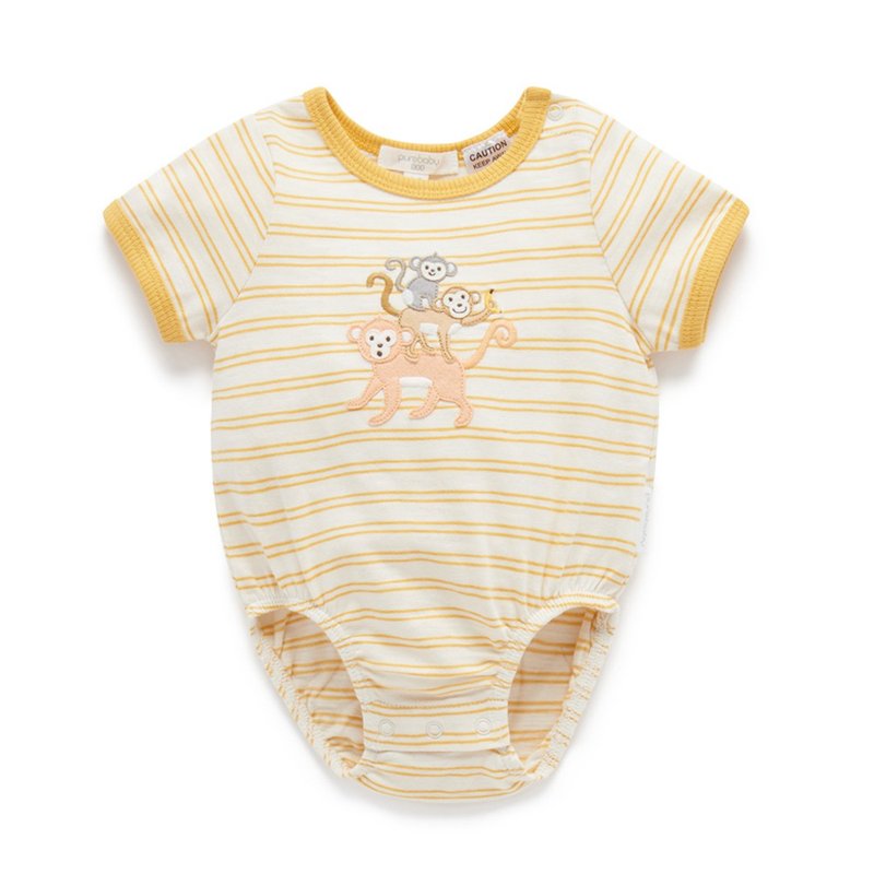 Australia Purebaby organic cotton baby short-sleeved onesies/ newborn jumpsuit monkey stripes - ชุดทั้งตัว - ผ้าฝ้าย/ผ้าลินิน 