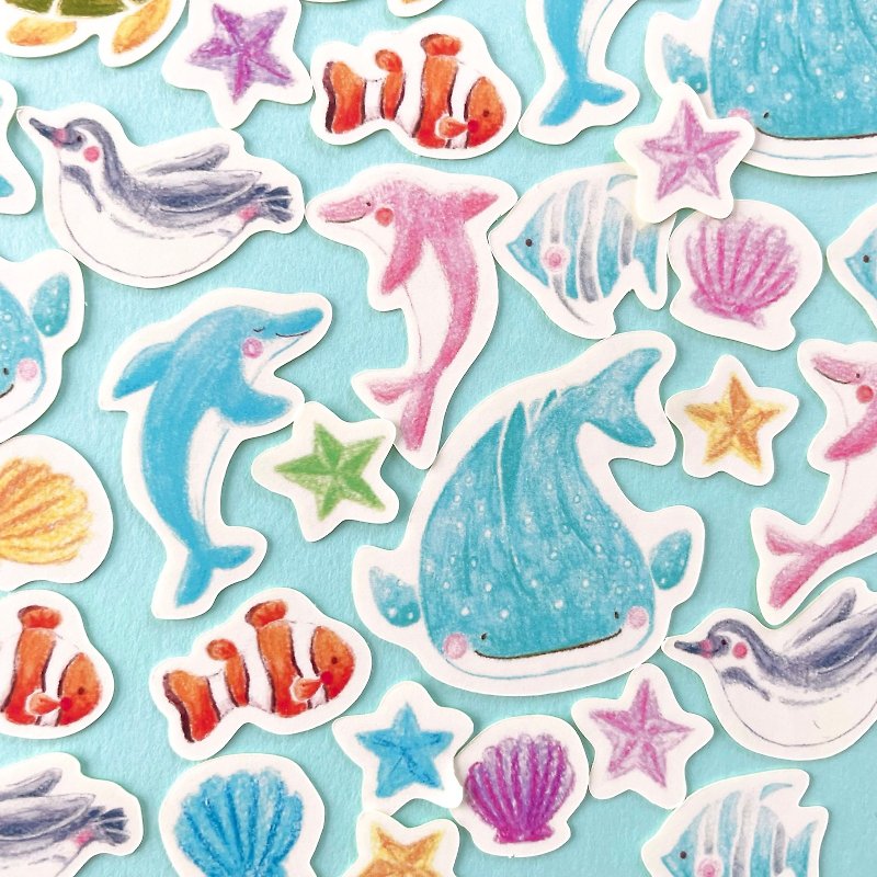 Sparkling Sea Creatures Flake Stickers (with postcard) - สติกเกอร์ - กระดาษ สีน้ำเงิน