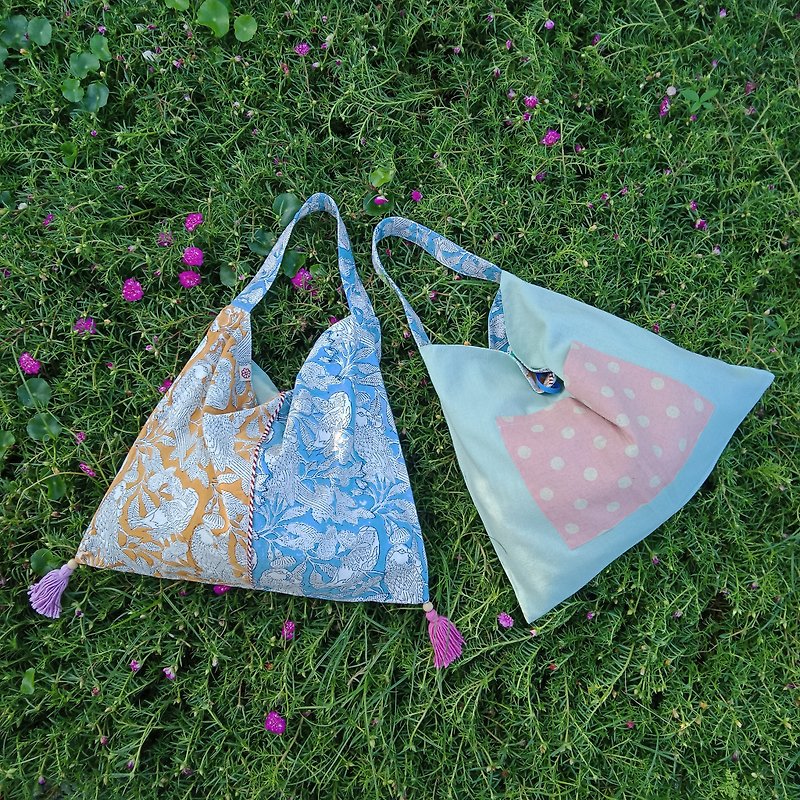 ผ้าฝ้าย/ผ้าลินิน กระเป๋าถือ สีส้ม - กระเป๋าสะพายผ้าฝ้ายพิมพ์ลายนกและดอกไม้