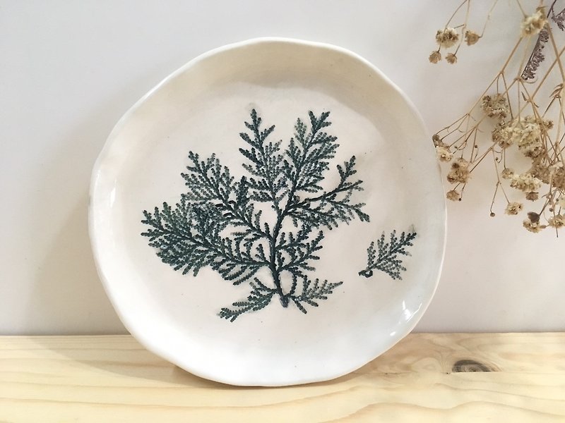 Plant Imprint - Handmade Pottery - จานเล็ก - ดินเผา สีเขียว