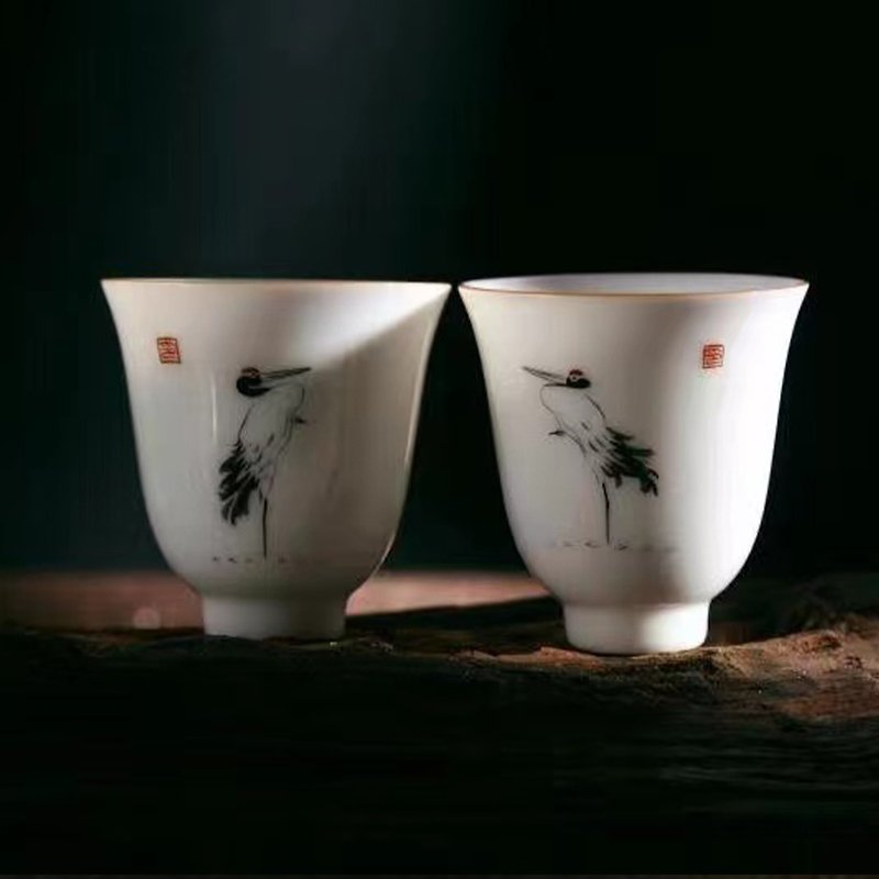 鶴（ペアカップ）オリジナル手描き陶器手作り湯呑 - 急須・ティーカップ - 磁器 ホワイト