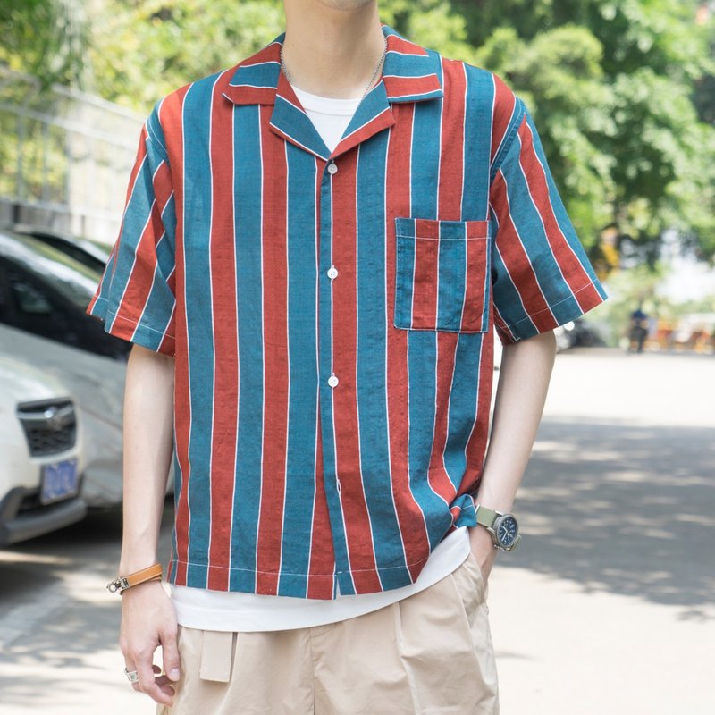 夏季 Aloha 美式復古夏威夷 豎紋拼色短袖襯衫 Hawaiian shirts - 男襯衫/休閒襯衫 - 棉．麻 多色