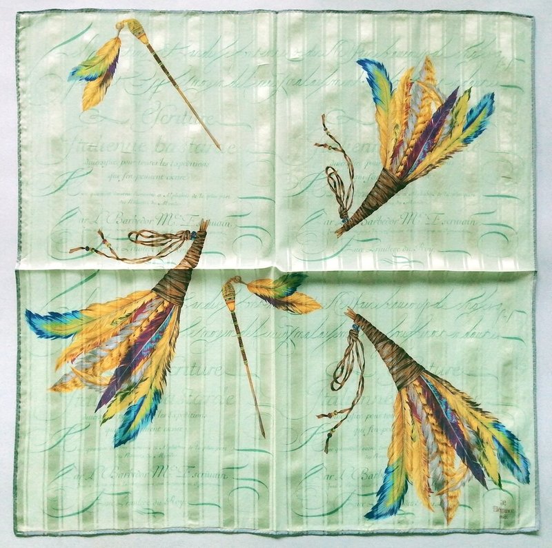 ae Elegance Paris Vintage Scarf Feathers Quill Pen Green 23 x 23 inches - 絲巾 - 棉．麻 綠色