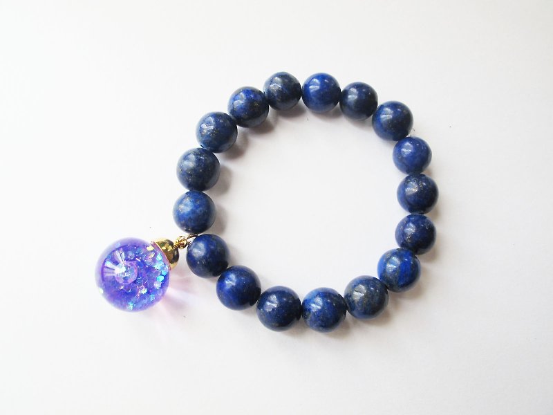 * Rosy Garden * translucent purple glitter snowflake flow glass balls with big teeth bright blue lapis lazuli bracelet bracelet - Bracelets - Glass Purple