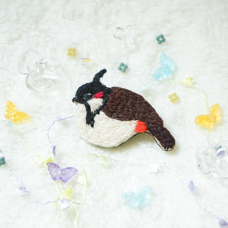 Wool series red-eared bulbul wild bird embroidery brooch - Brooches - Thread Brown