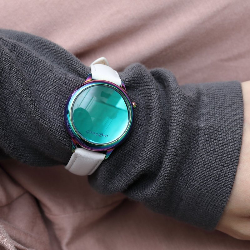 THE BUBBLE collection - LED Iridescent Stainless Steel White Leather Watch - Women's Watches - Stainless Steel Multicolor