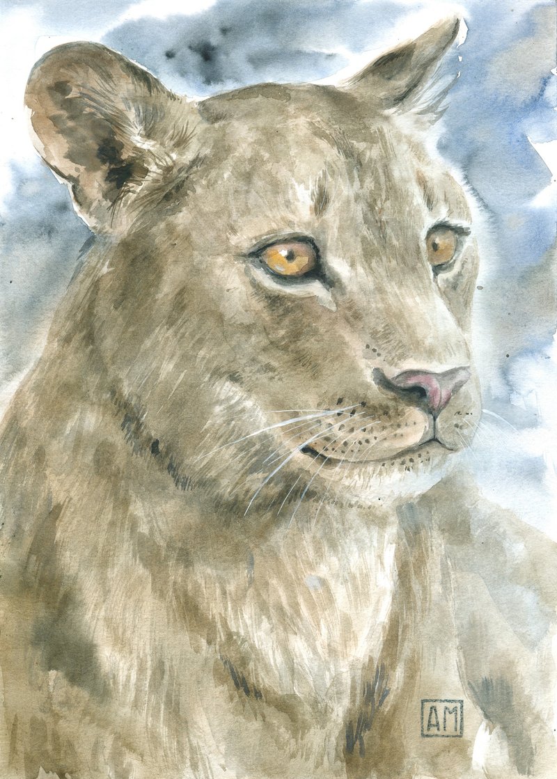 Cool lioness artwork hand painted Watercolor painting on paper - 壁貼/牆壁裝飾 - 其他材質 