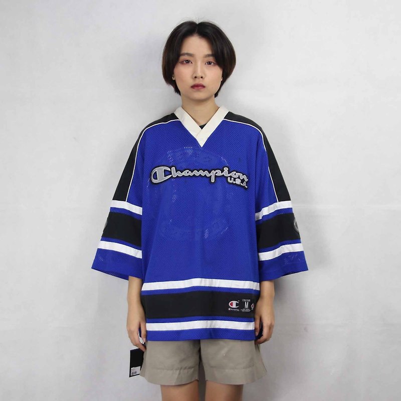 Tsubasa.Y Ancient House 002 Champion blue and white color matching summer ice jersey, jersey vintage - เสื้อยืดผู้หญิง - เส้นใยสังเคราะห์ 