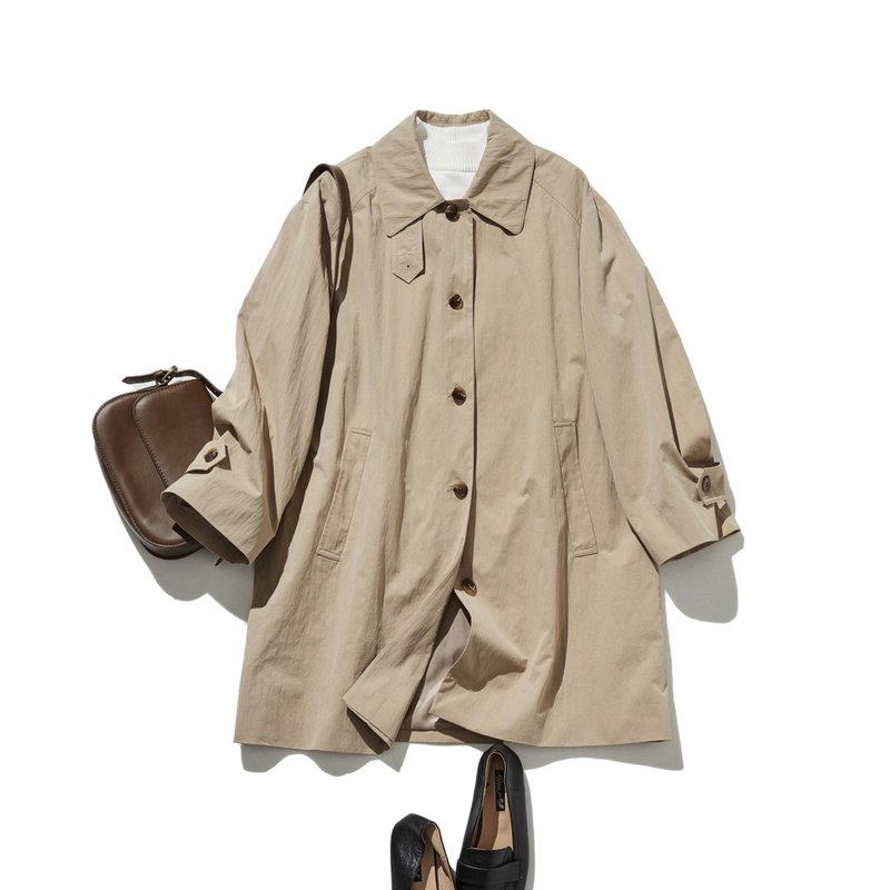可輕鬆駕馭長達數季的百搭單品：風衣式中長款外套 米色 251003-1 - 女西裝外套 - 棉．麻 卡其色