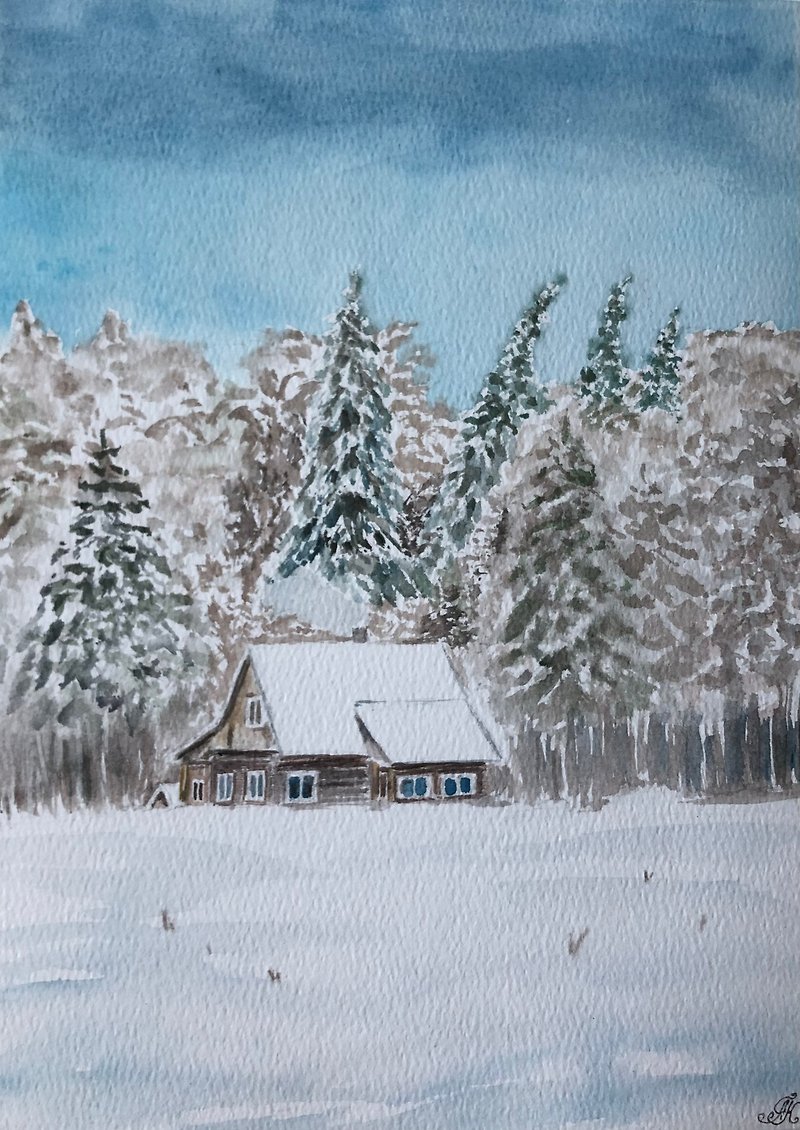 House in the winter forest original watercolour wall art kitchen cabinets - Wall Décor - Paper Multicolor