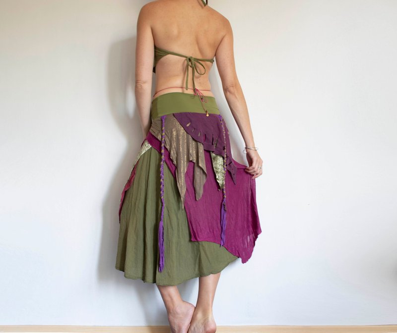 Green and pink forest fairy skirt, tribal festival clothing - 裙子/長裙 - 其他材質 綠色