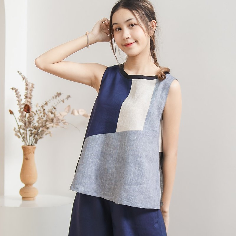 Natural Linen Sleeveless Top Minimal Top Simple Top - Multicolor Blue/Grey - 女裝 上衣 - 亞麻 藍色