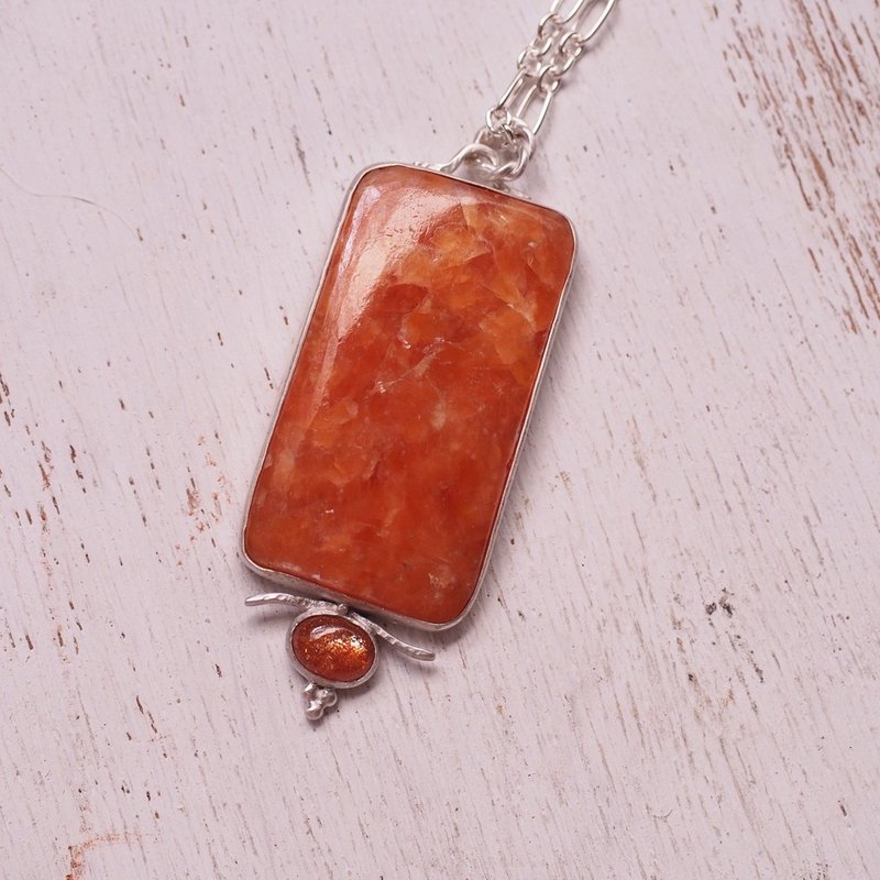 大顆橙色方解石 金太陽石 手工純銀項鍊 Orange Calcite Sunstone - 項鍊 - 半寶石 