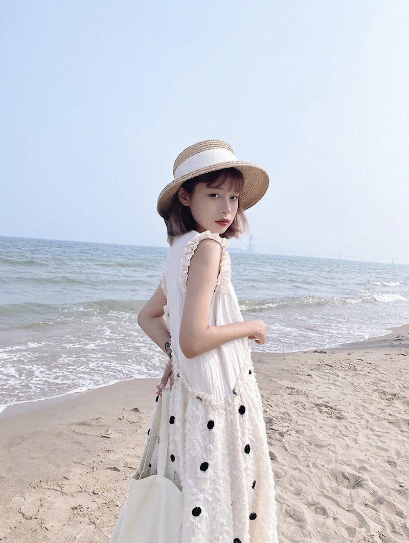 Gentle polka dot three-dimensional cut flower tassel embroidery lace dress vest skirt loose - One Piece Dresses - Cotton & Hemp White