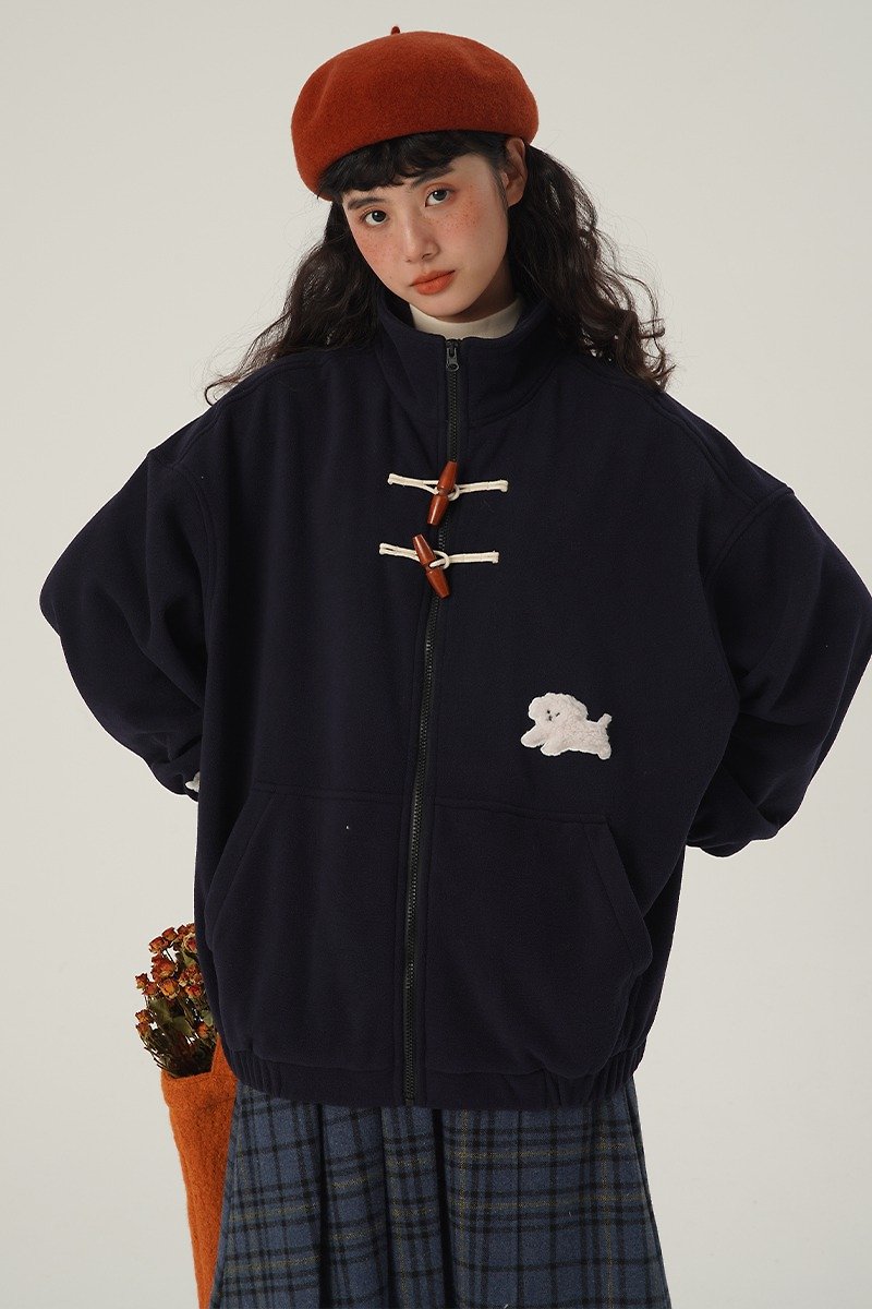 odd maker horn buckle polar fleece sweater winter thick design embroidery stand collar cardigan jacket women - เสื้อผู้หญิง - ผ้าฝ้าย/ผ้าลินิน 