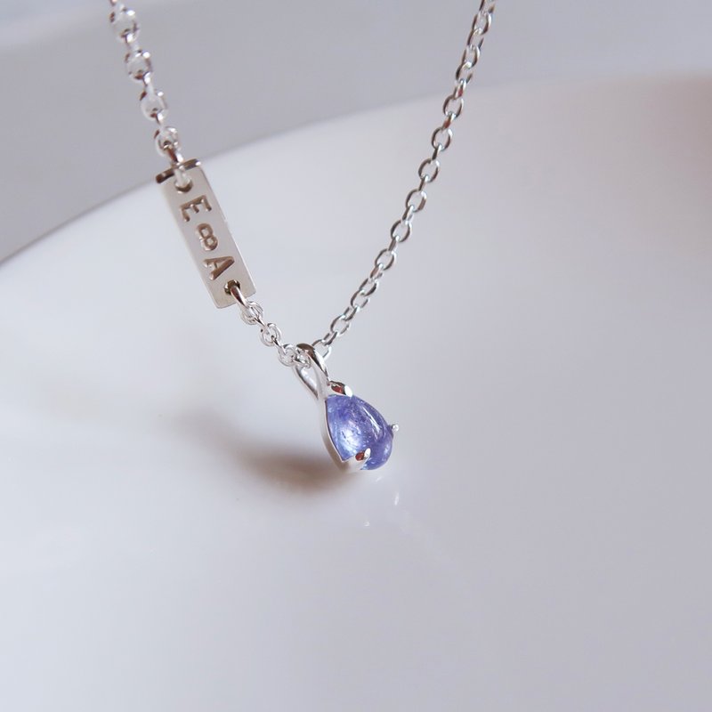 925 sterling silver water drop natural Stone customized engraving necklace clavicle chain long chain - Necklaces - Sterling Silver Blue