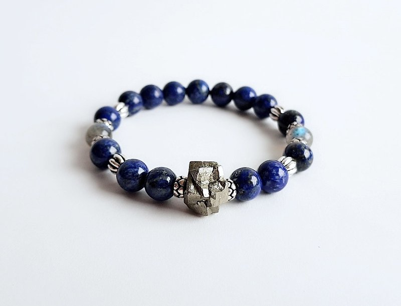 Gemstone King Kong แร่ธรรมชาติ Prajna Pyrite Lapis Lazuli Labradorite Bracelet - สร้อยข้อมือ - เครื่องเพชรพลอย สีน้ำเงิน