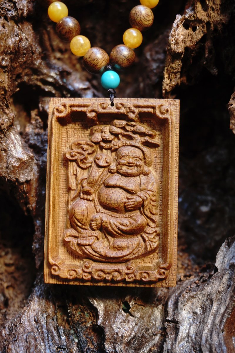 彌勒佛木製吊墜 天然金絲楠木項鏈 - 項鍊 - 木頭 