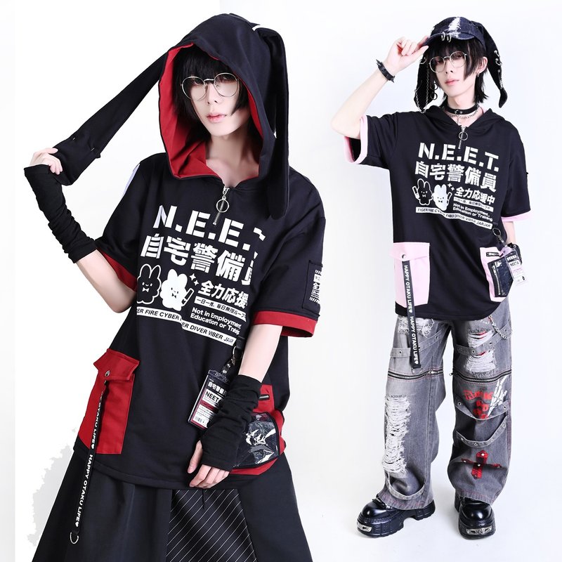 原創宅戰鬥兔NEET自宅警備員證件套兔耳朵短袖拉鍊連帽T恤JJ2543 - 帽T/大學T - 棉．麻 